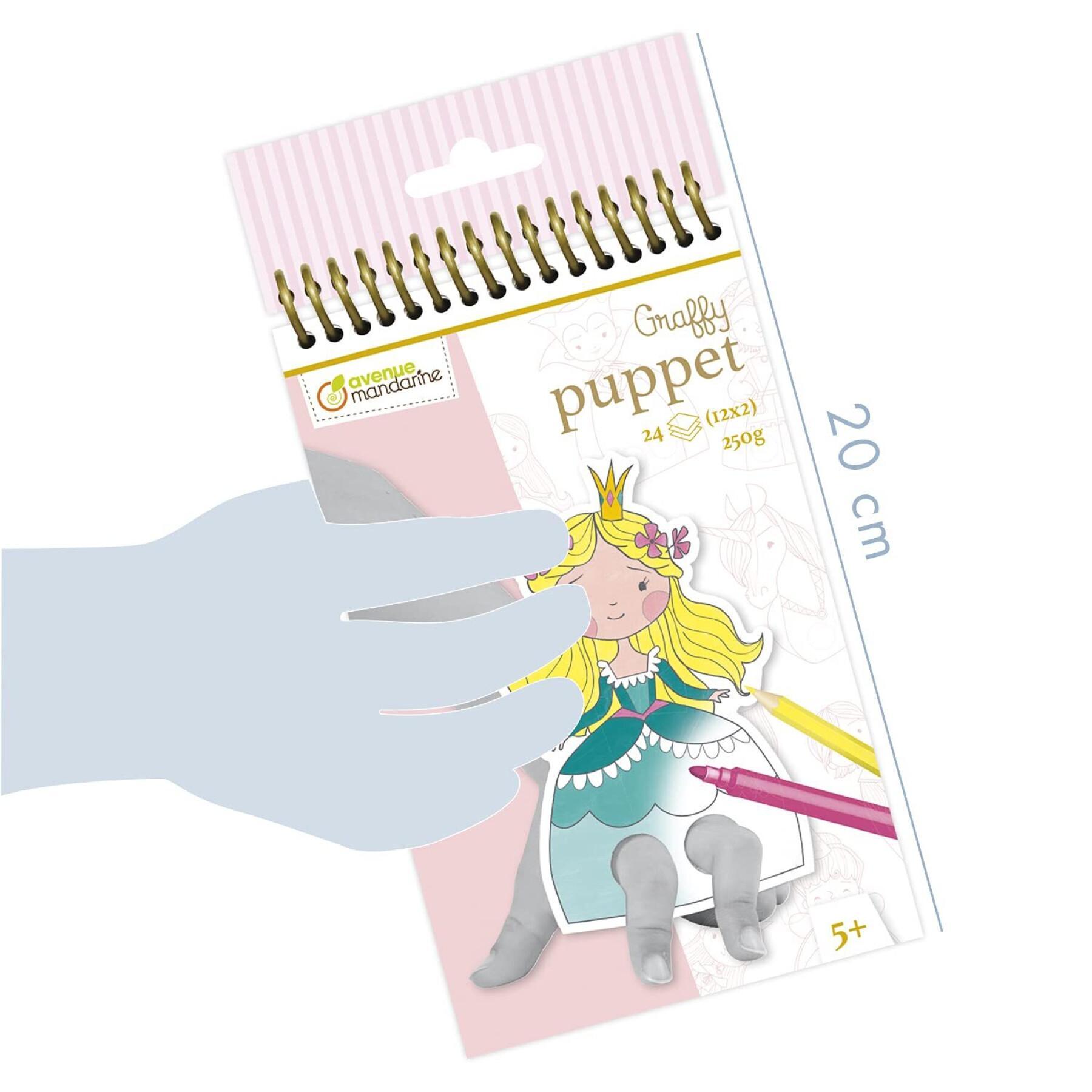 Petits carnet de 24 marionnettes à doigts prédécoupées à colorier Avenue Mandarine Graffy Puppet, Prince et Princesse