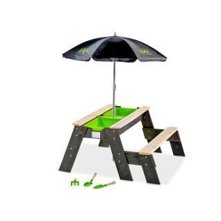 Table d'activités sable et eau, et de pique-nique (1 banc) avec parasol et outils de jardinage Exit Toys Aksent